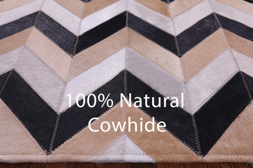 Brown & Beige Chevron Patchwork Black Natural Cowhide Rug - 6' 8