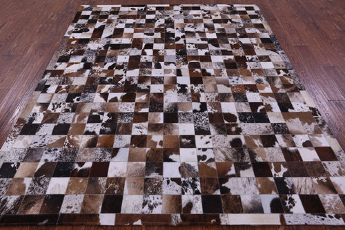 Brown & White Patchwork Brindle Natural Cowhide Rug - 6' 7
