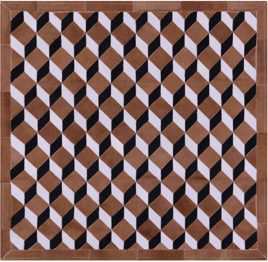 Brown & White Square Patchwork Black Natural Cowhide Rug - 5' 0" x 5' 0"