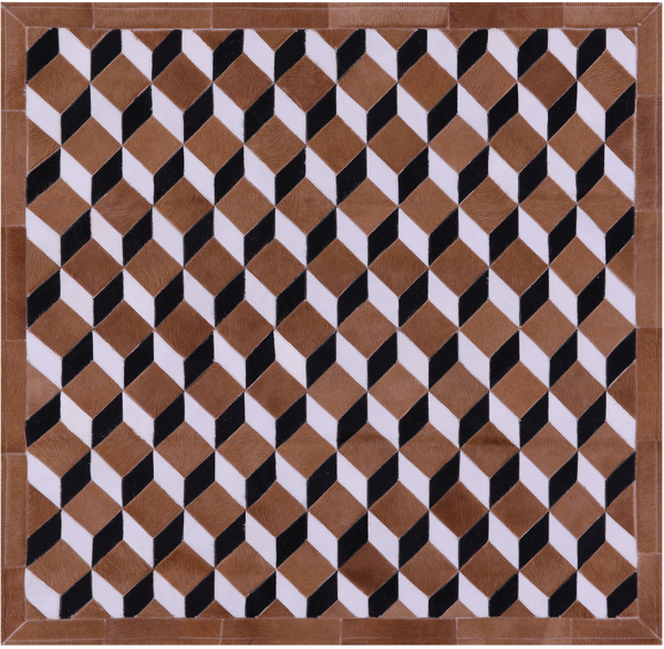 Brown & White Square Patchwork Black Natural Cowhide Rug - 5' 0" x 5' 0"