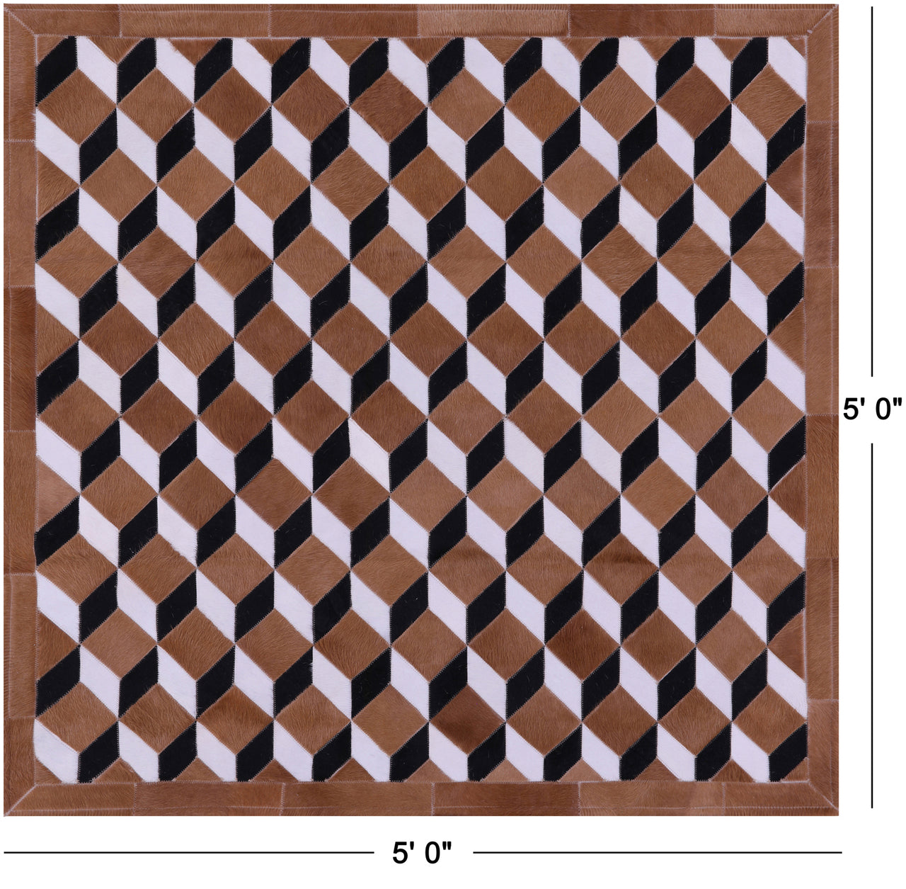 Brown & White Square Patchwork Black Natural Cowhide Rug - 5' 0" x 5' 0"