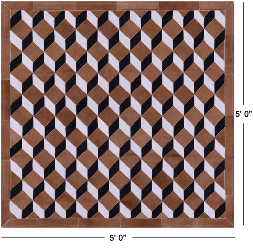 Brown & White Square Patchwork Black Natural Cowhide Rug - 5' 0