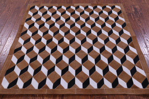 Brown & White Square Patchwork Black Natural Cowhide Rug - 5' 0