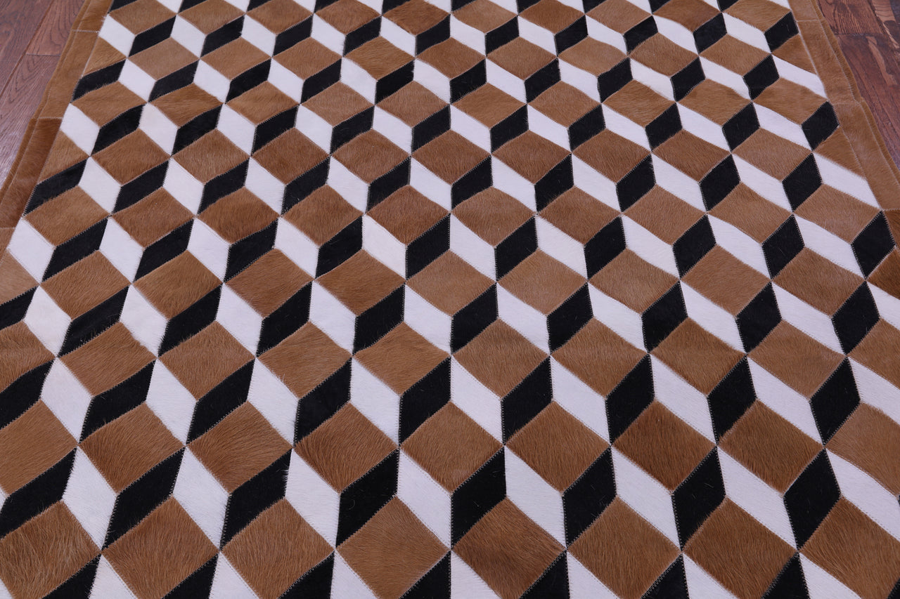 Brown & White Square Patchwork Black Natural Cowhide Rug - 5' 0" x 5' 0"