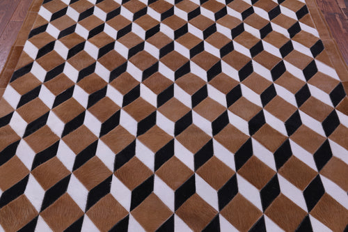 Brown & White Square Patchwork Black Natural Cowhide Rug - 5' 0