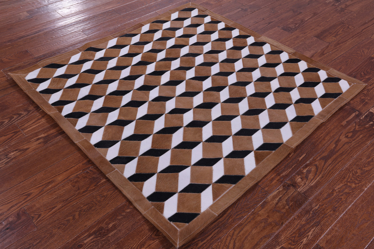 Brown & White Square Patchwork Black Natural Cowhide Rug - 5' 0" x 5' 0"