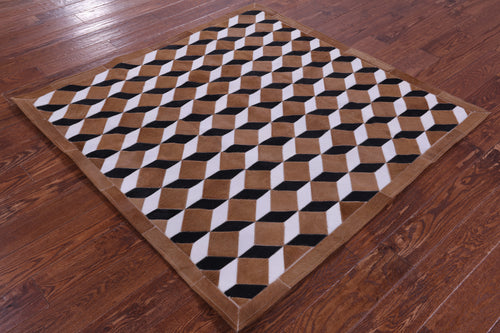 Brown & White Square Patchwork Black Natural Cowhide Rug - 5' 0