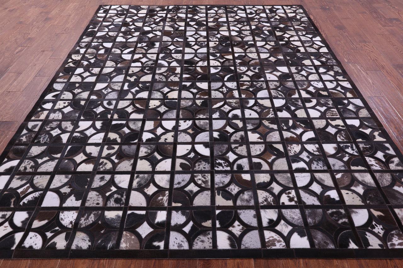 Brown & White Patchwork Black Natural Cowhide Rug - 8' 0" x 10' 0"