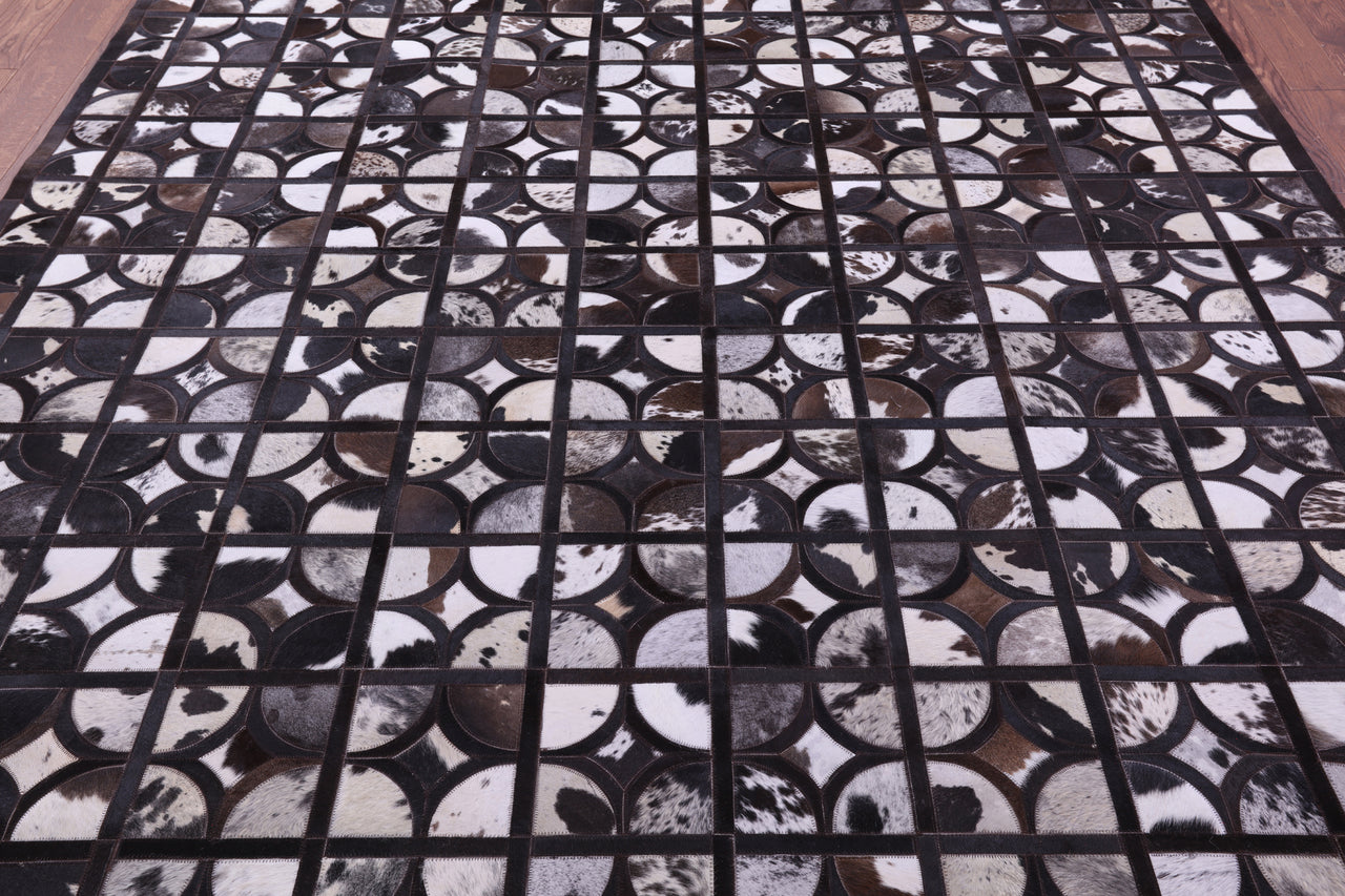 Brown & White Patchwork Black Natural Cowhide Rug - 8' 0" x 10' 0"