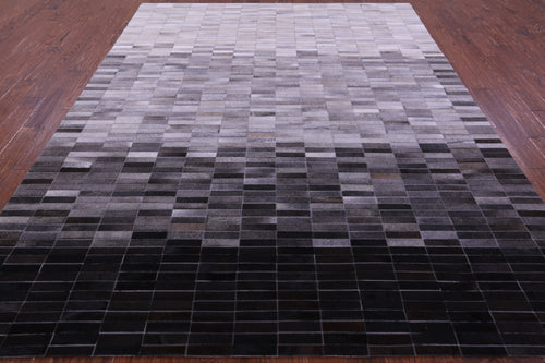 Grey & White Gradient Brickwork Patchwork Black Natural Cowhide Rug - 8' 0