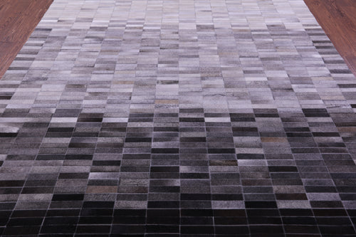 Grey & White Gradient Brickwork Patchwork Black Natural Cowhide Rug - 8' 0