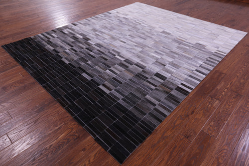 Grey & White Gradient Brickwork Patchwork Black Natural Cowhide Rug - 8' 0
