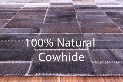 Grey & White Gradient Brickwork Patchwork Black Natural Cowhide Rug - 8' 0