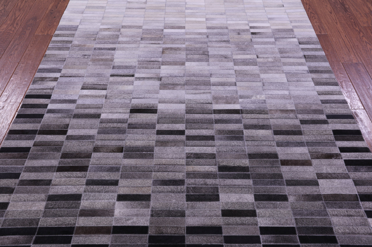 Grey & White Gradient Brickwork Patchwork Natural Cowhide Rug - 6' 0" x 9' 0"