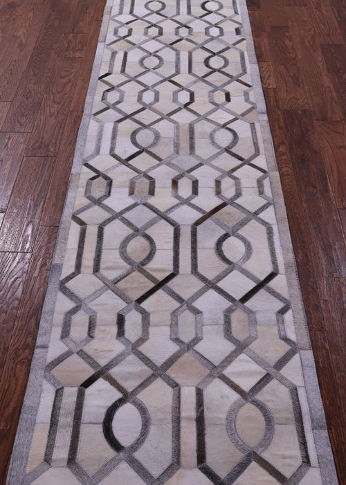 Grey & White Patchwork Natural Cowhide Runner Rug - 2' 6