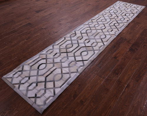 Grey & White Patchwork Natural Cowhide Runner Rug - 2' 6
