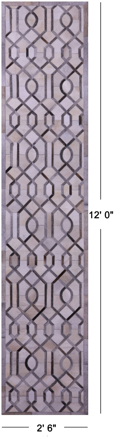Grey & White Patchwork Natural Cowhide Runner Rug - 2' 6