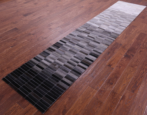 Grey & White Gradient Brickwork Patchwork Natural Cowhide Rug - 2' 6