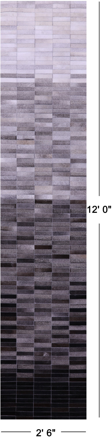 Grey & White Gradient Brickwork Patchwork Natural Cowhide Rug - 2' 6