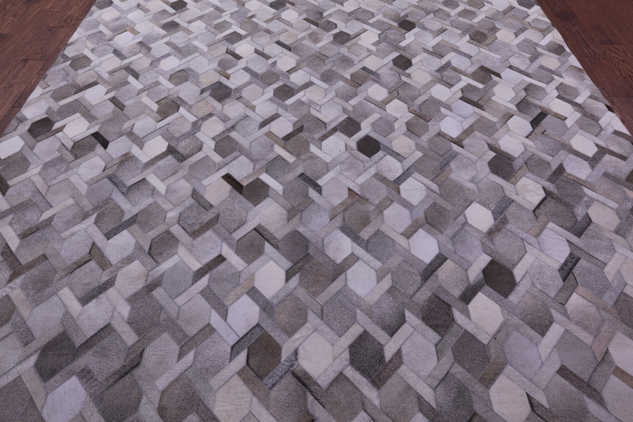 Grey & White Patchwork Natural Cowhide Rug - 9' 0" x 12' 0"