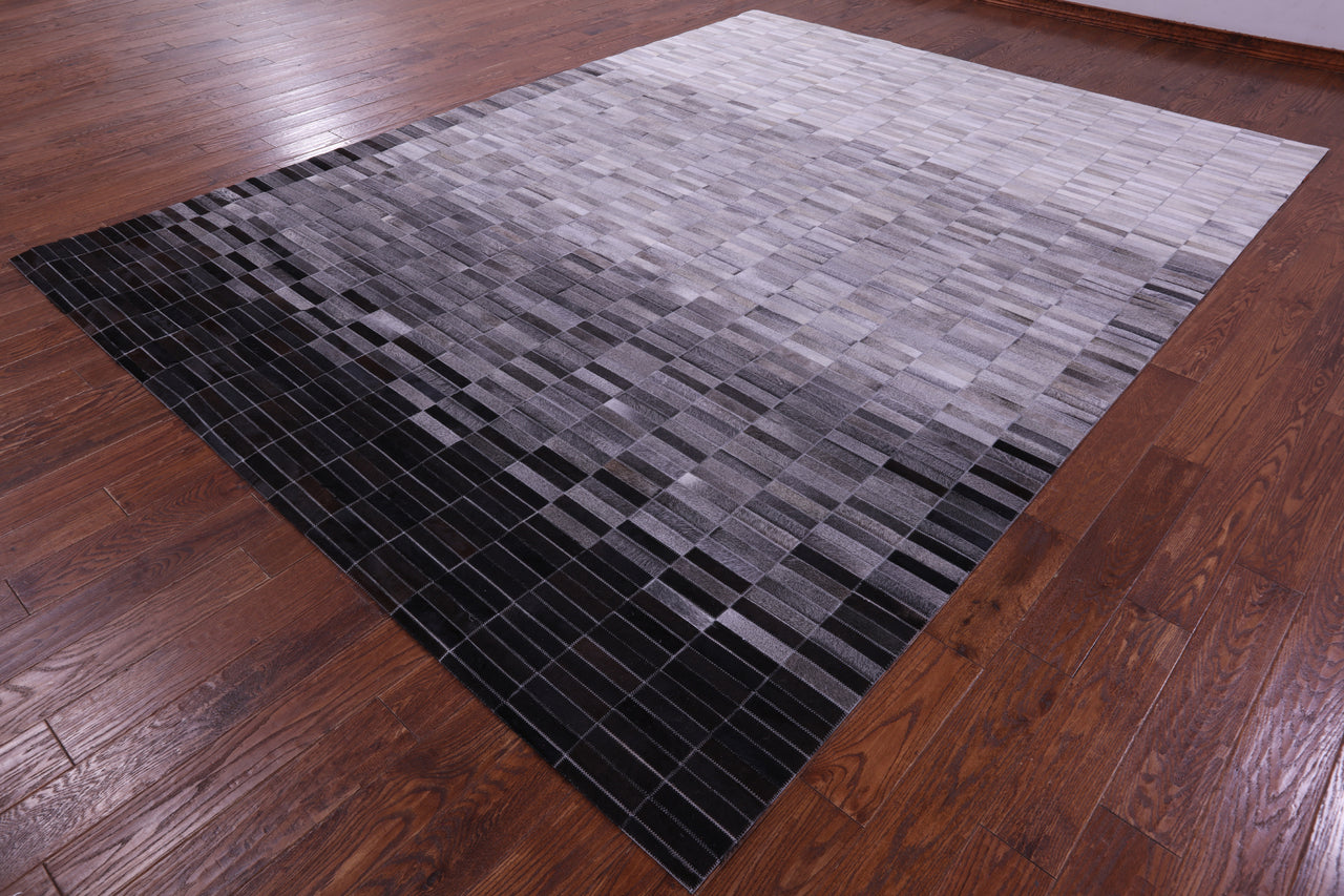 Grey & White Gradient Brickwork Patchwork Natural Cowhide Rug - 9' 0" x 12' 0"