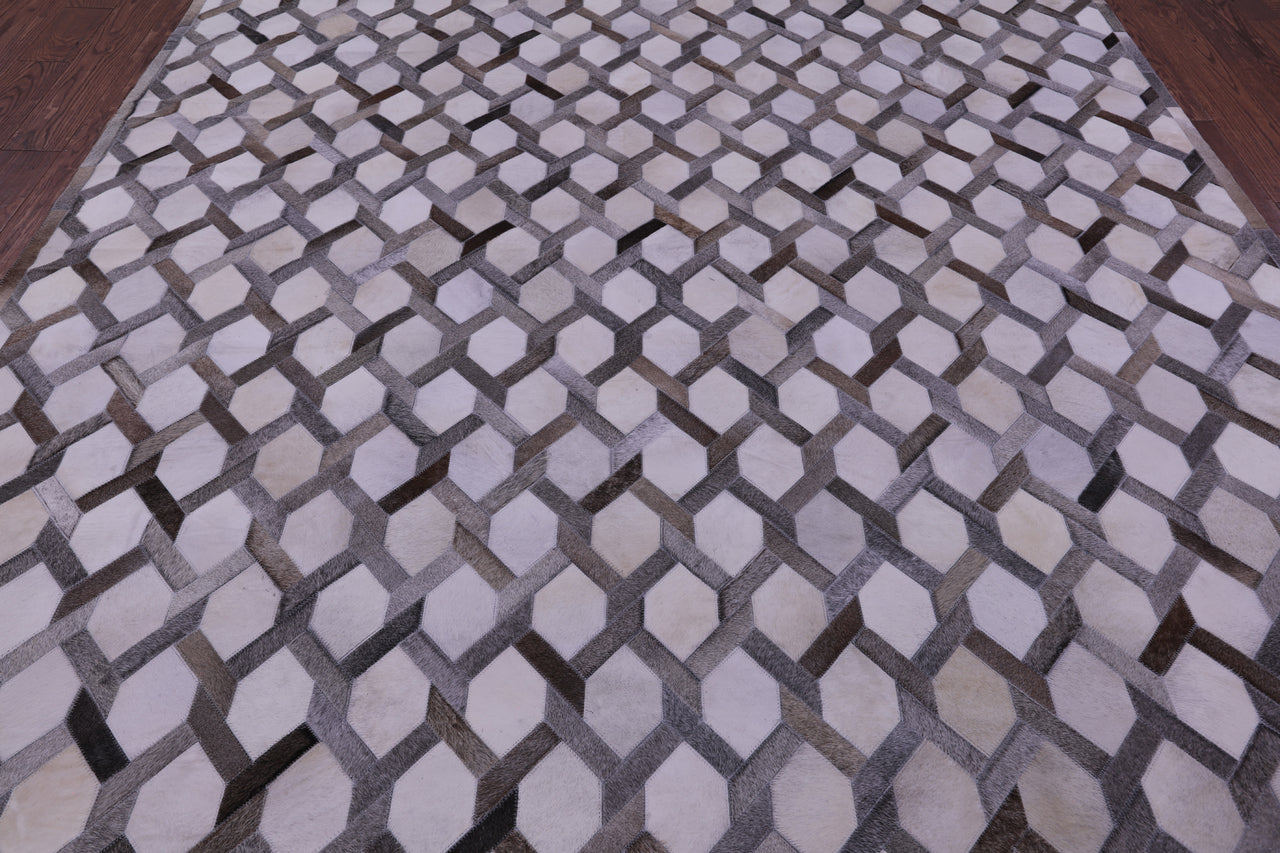 Grey & White Patchwork Natural Cowhide Rug - 8' 0" x 10' 0"