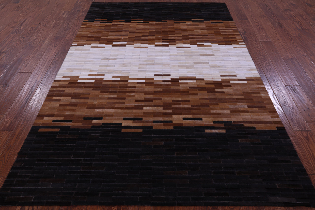 Brown & White Brickwork Patchwork Natural Cowhide Rug - 6' 0" x 9' 0"