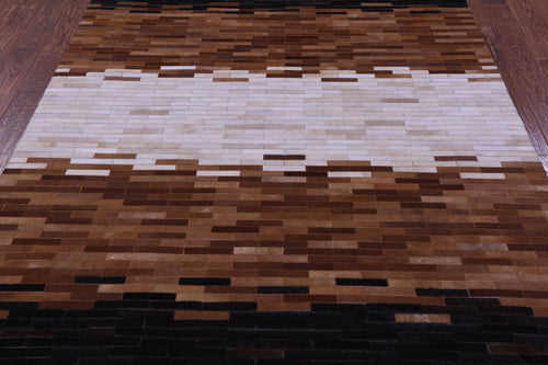 Brown & White Brickwork Patchwork Natural Cowhide Rug - 6' 0