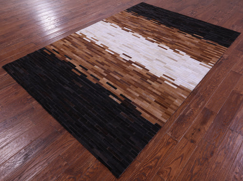 Brown & White Brickwork Patchwork Natural Cowhide Rug - 6' 0