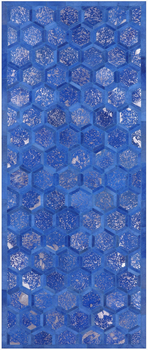 Blue Patchwork Natural Cowhide Runner Rug - 4' 0