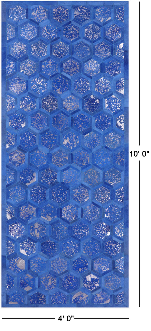 Blue Patchwork Natural Cowhide Runner Rug - 4' 0