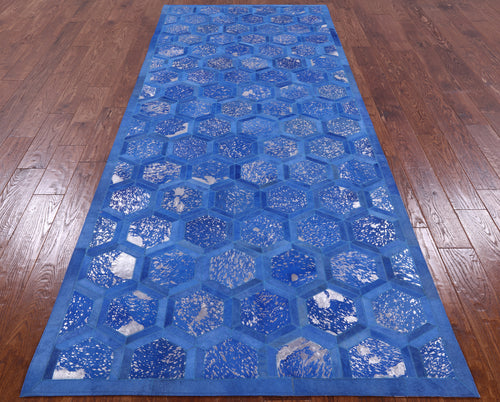 Blue Patchwork Natural Cowhide Runner Rug - 4' 0