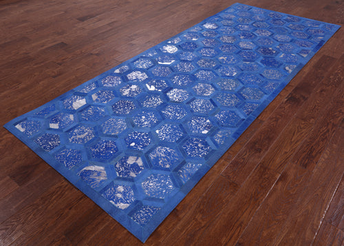 Blue Patchwork Natural Cowhide Runner Rug - 4' 0