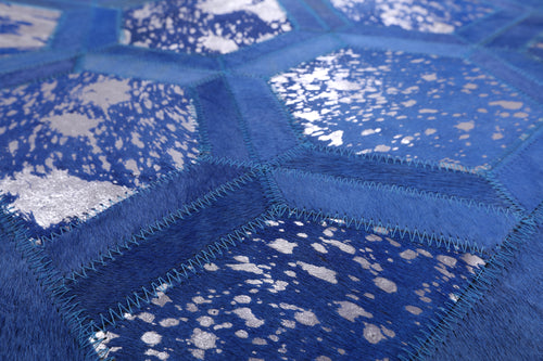 Blue Patchwork Natural Cowhide Runner Rug - 4' 0