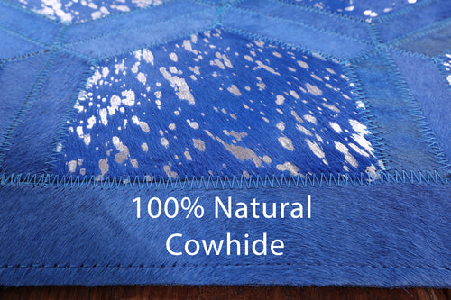 Blue Patchwork Natural Cowhide Runner Rug - 4' 0