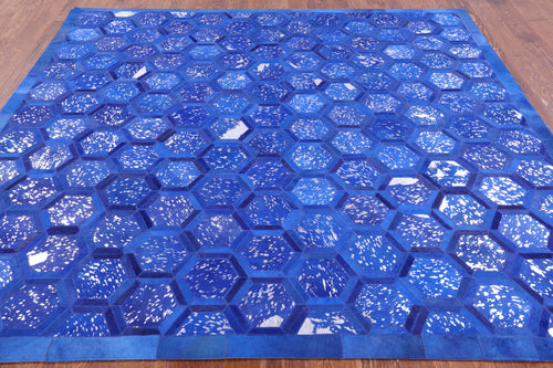 Blue Square Patchwork Natural Cowhide Rug - 8' 0