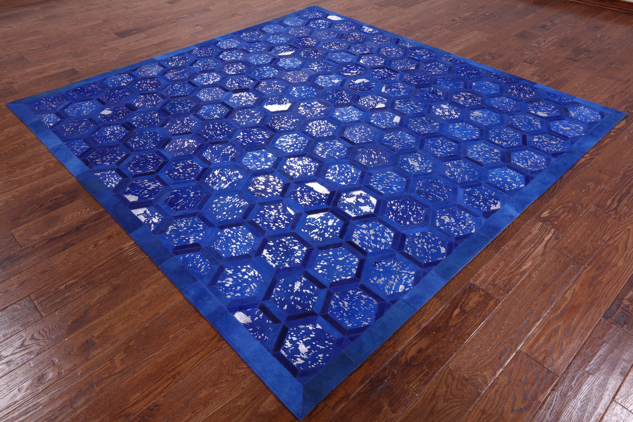 Blue Square Patchwork Natural Cowhide Rug - 8' 0" x 8' 0"