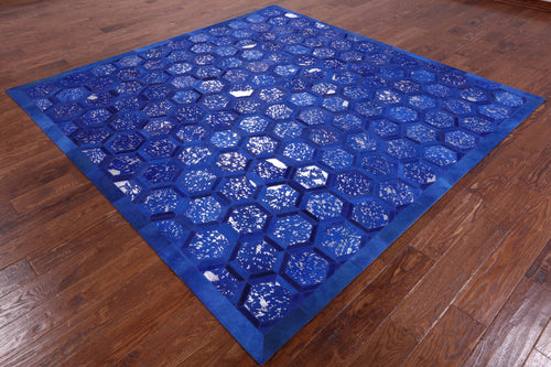 Blue Square Patchwork Natural Cowhide Rug - 8' 0