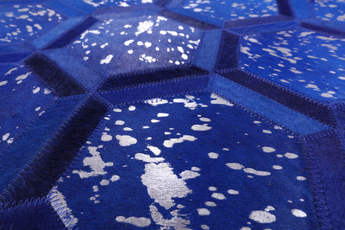 Blue Square Patchwork Natural Cowhide Rug - 8' 0