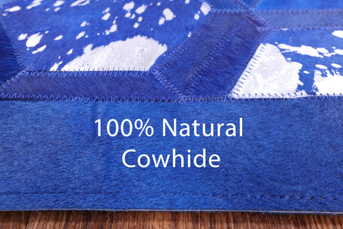 Blue Square Patchwork Natural Cowhide Rug - 8' 0