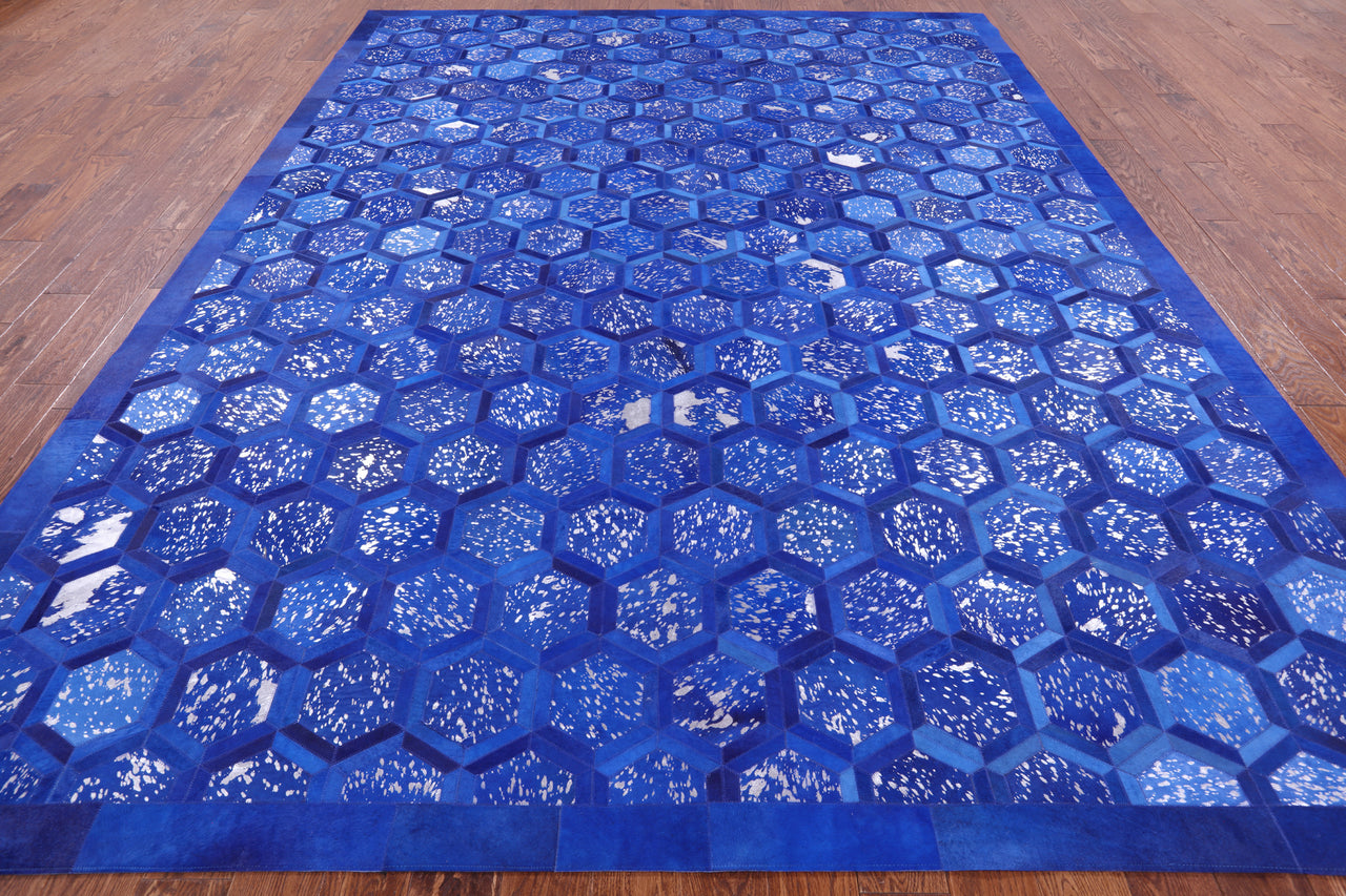 Blue Patchwork Cowhide Rug - 9' 0" x 12' 0"