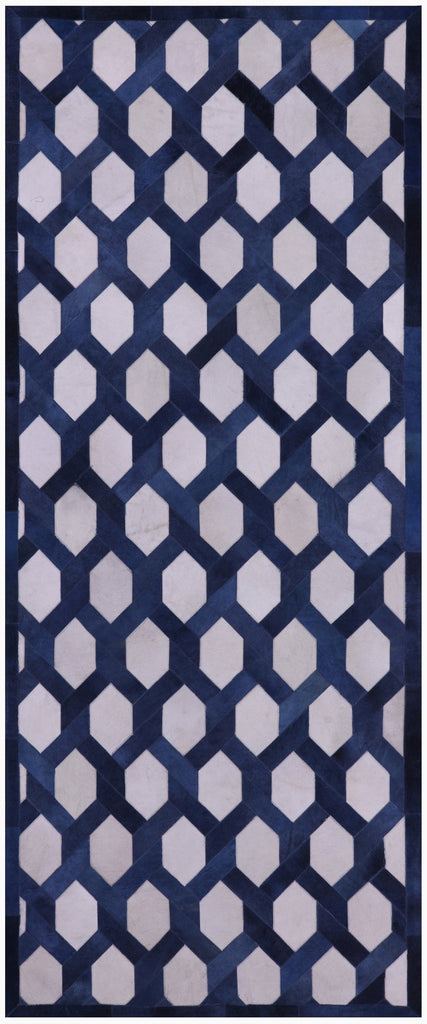 Blue & White Patchwork Natural Cowhide Runner Rug - 4' 0" x 10' 0"