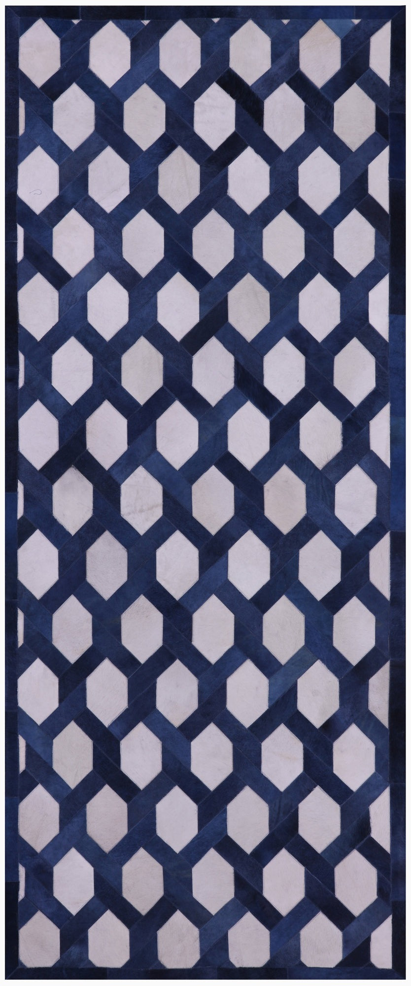 Blue & White Patchwork Cowhide Runner Rug - 4' 0" x 10' 0"