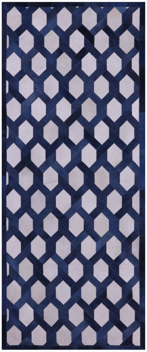 Blue & White Patchwork Natural Cowhide Runner Rug - 4' 0
