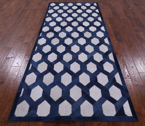 Blue & White Patchwork Natural Cowhide Runner Rug - 4' 0