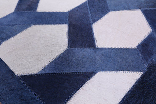 Blue & White Patchwork Natural Cowhide Runner Rug - 4' 0