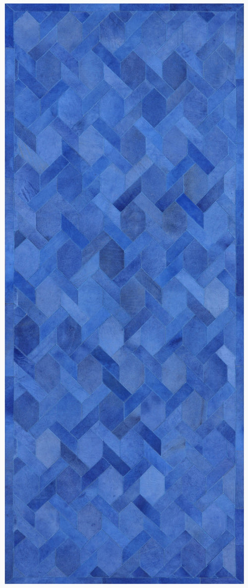 Blue Patchwork Natural Cowhide Runner Rug - 4' 0
