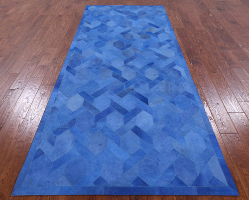 Blue Patchwork Natural Cowhide Runner Rug - 4' 0