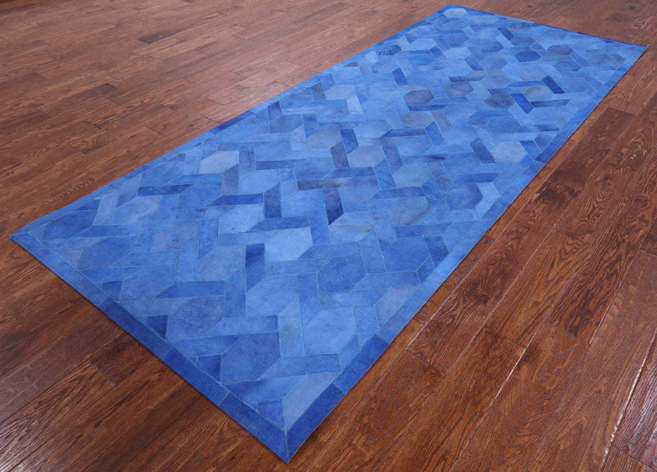 Blue Patchwork Natural Cowhide Runner Rug - 4' 0" x 10' 0"