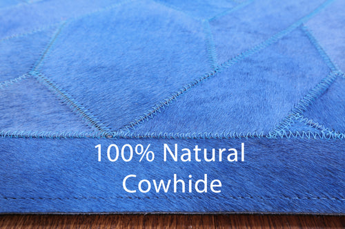 Blue Patchwork Natural Cowhide Runner Rug - 4' 0